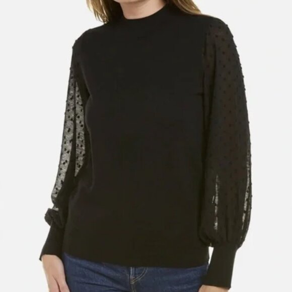 Vince Camuto Womens Black Mock Neck Long Chiffon Swiss Dot Sleeves Sweater Top L - Picture 9 of 10